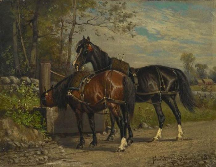 unknow artist Two Horses at a Wayside Trough oil painting image